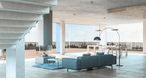 Sofá gris con terraza con vistas